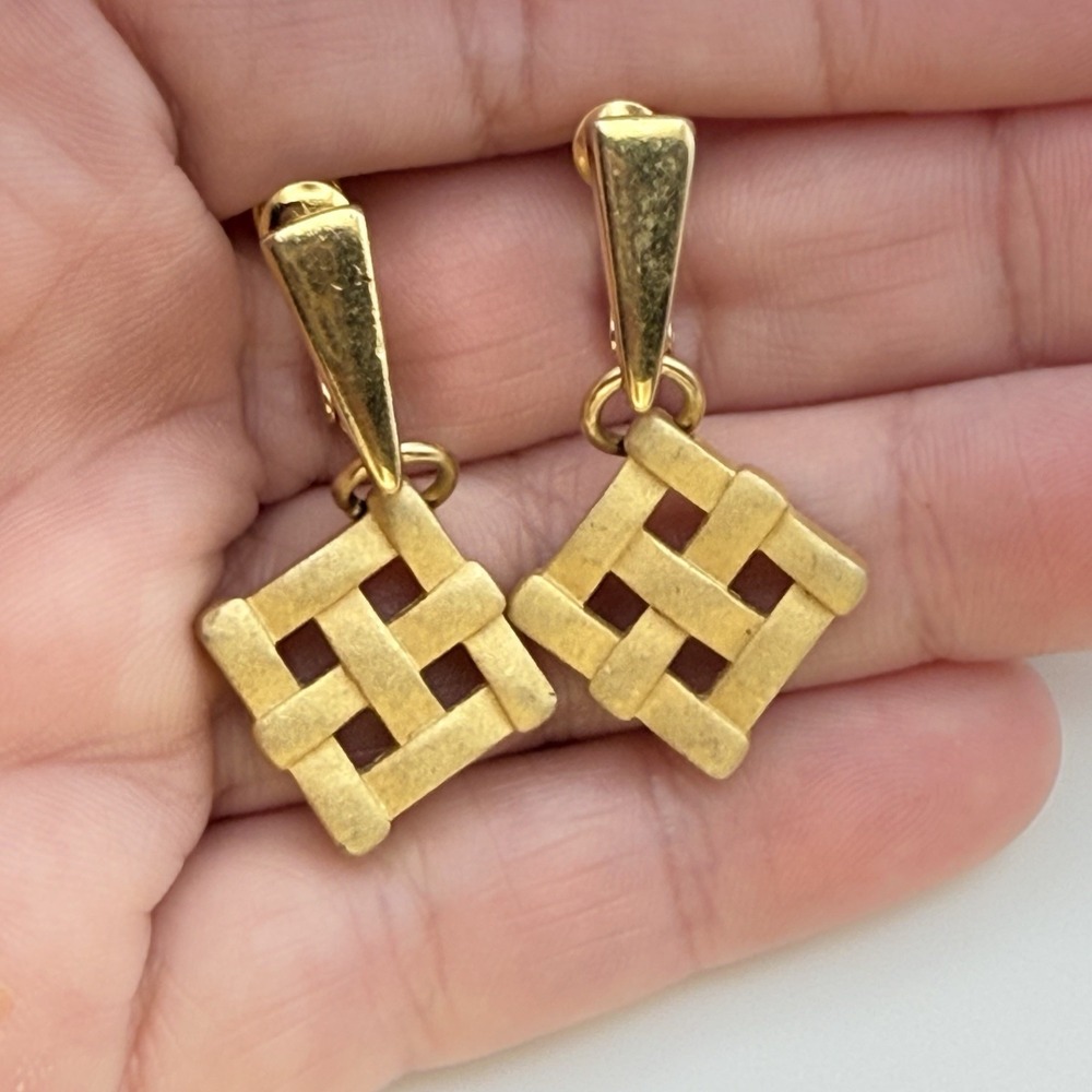 Napier Gold Tone Basketweave Clip On Screw Back Dangle Earrings